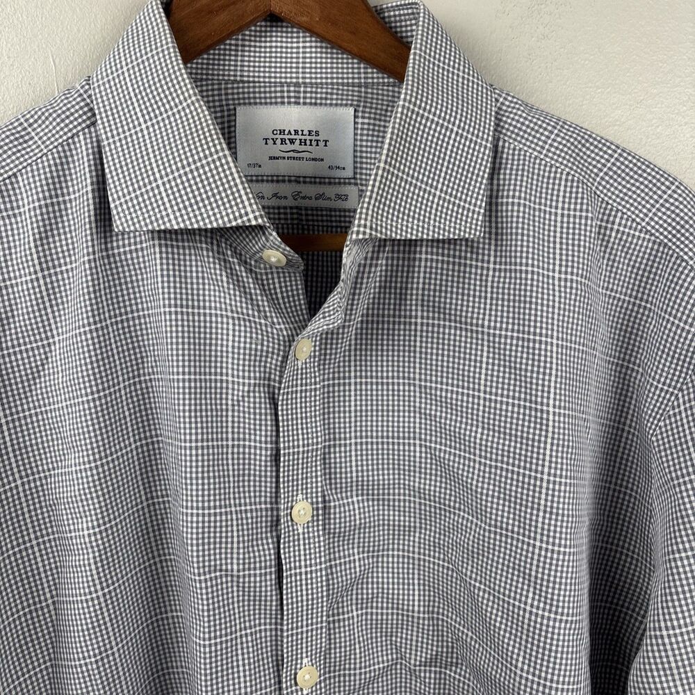 Charles Tyrwhitt Shirt Men 17-43” FRENCH CUFFS Extra Slim Fit Gray Tattersall LS - Picture 1 of 10